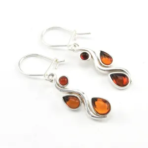 Sterling Silver Amber 3 Stone Squiggle Earrings