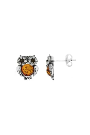 Sterling Silver Amber CZ Owl Stud Earrings