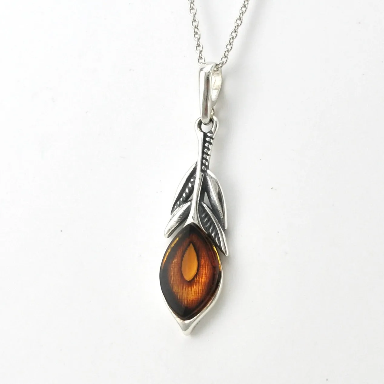 Sterling Silver Amber Peacock Feather Necklace