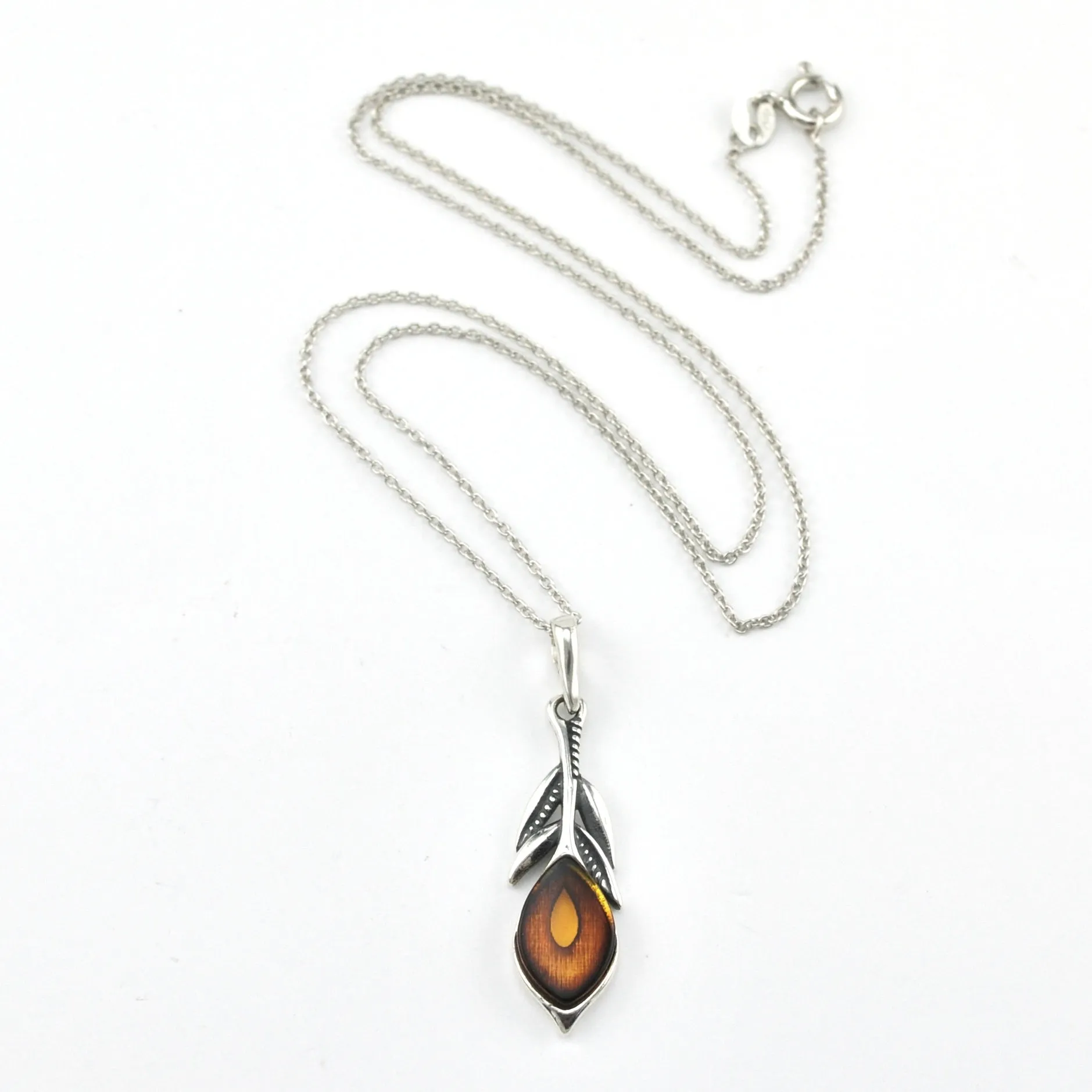 Sterling Silver Amber Peacock Feather Necklace