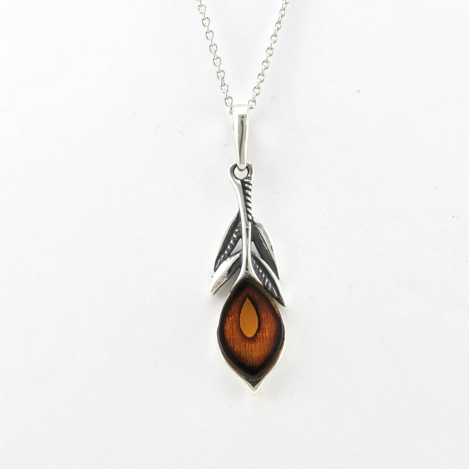 Sterling Silver Amber Peacock Feather Necklace