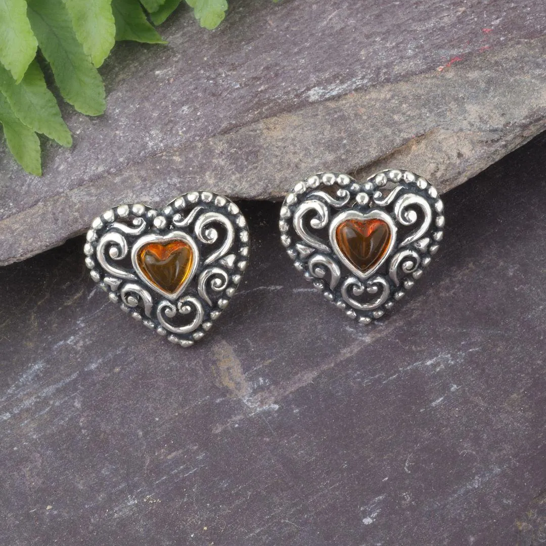 Sterling Silver Heart Amber Stud Earrings