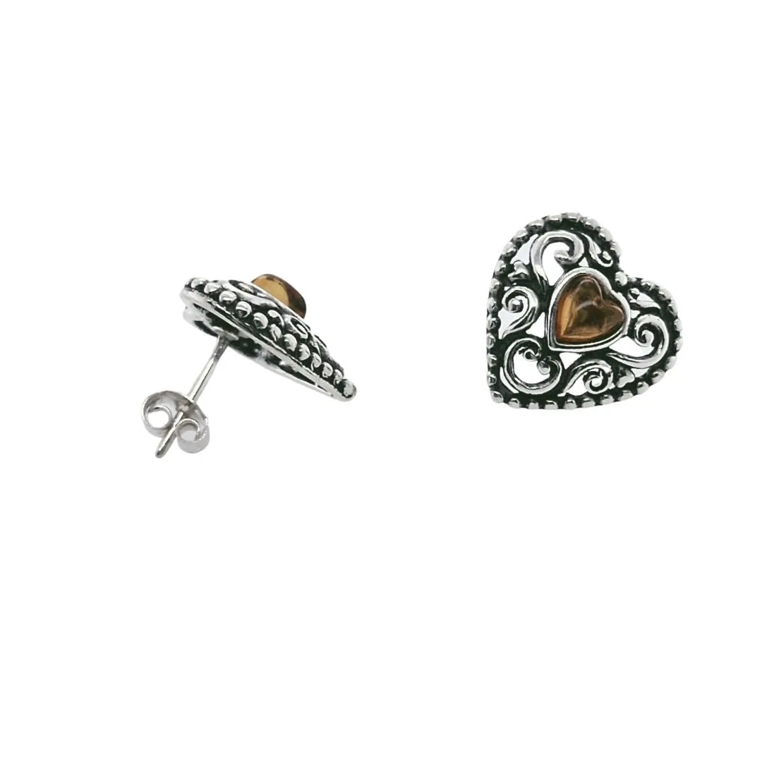 Sterling Silver Heart Amber Stud Earrings