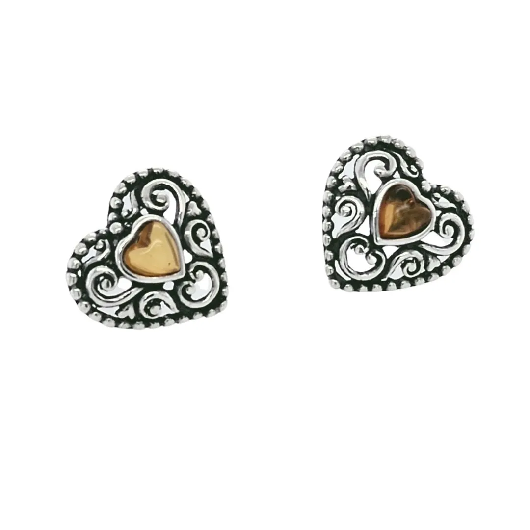 Sterling Silver Heart Amber Stud Earrings