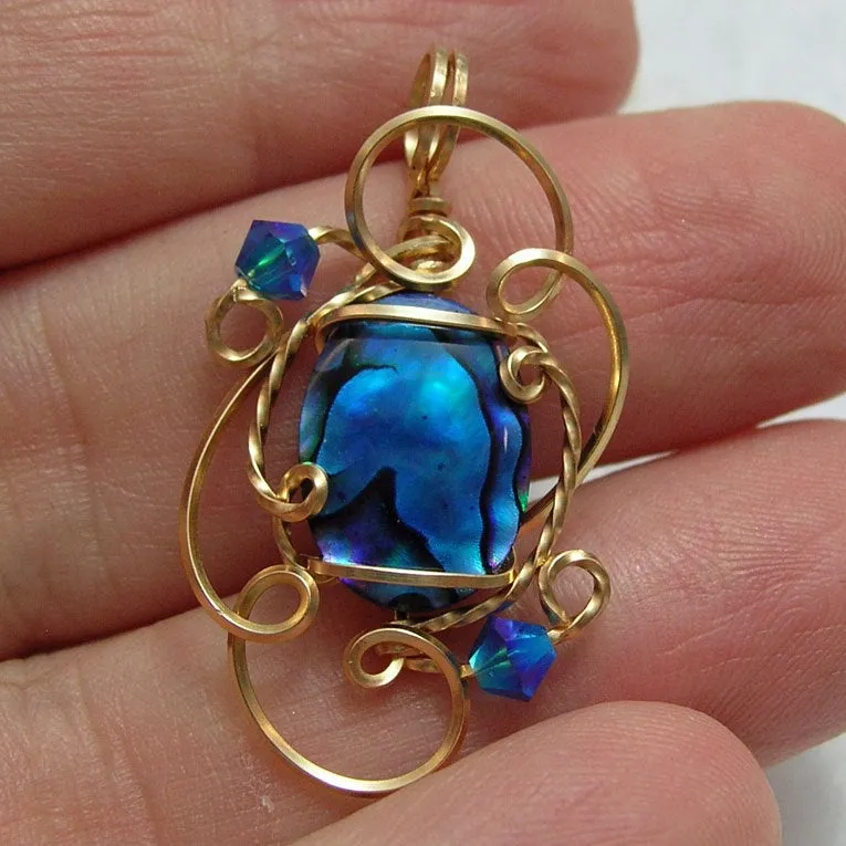 Stunning Blue Paua Shell Gold Filled Wire Wrapped Mini Pendant