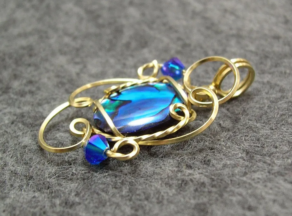 Stunning Blue Paua Shell Gold Filled Wire Wrapped Mini Pendant