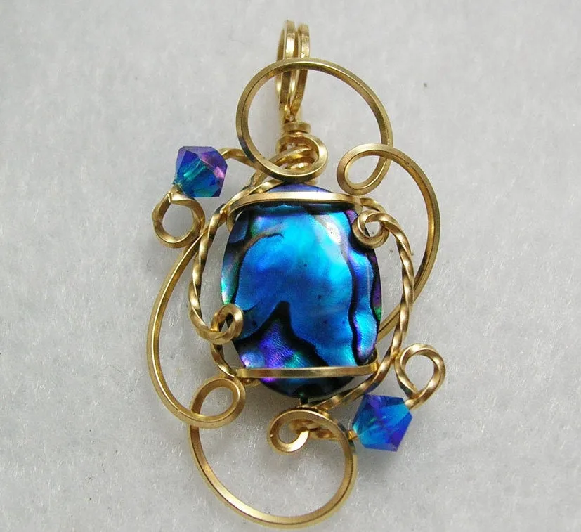 Stunning Blue Paua Shell Gold Filled Wire Wrapped Mini Pendant