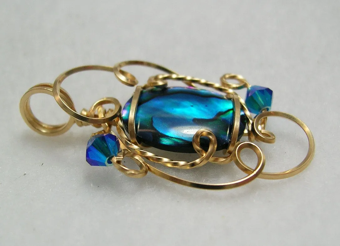 Stunning Blue Paua Shell Gold Filled Wire Wrapped Mini Pendant