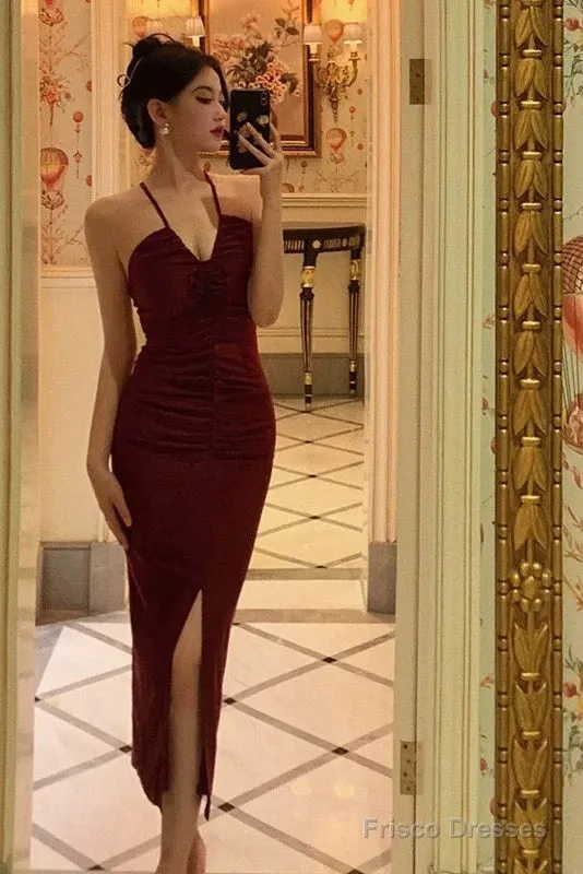 Stunning Sheath Halter Date Night Dress Prom Dresses Red Birthday Party Outfit