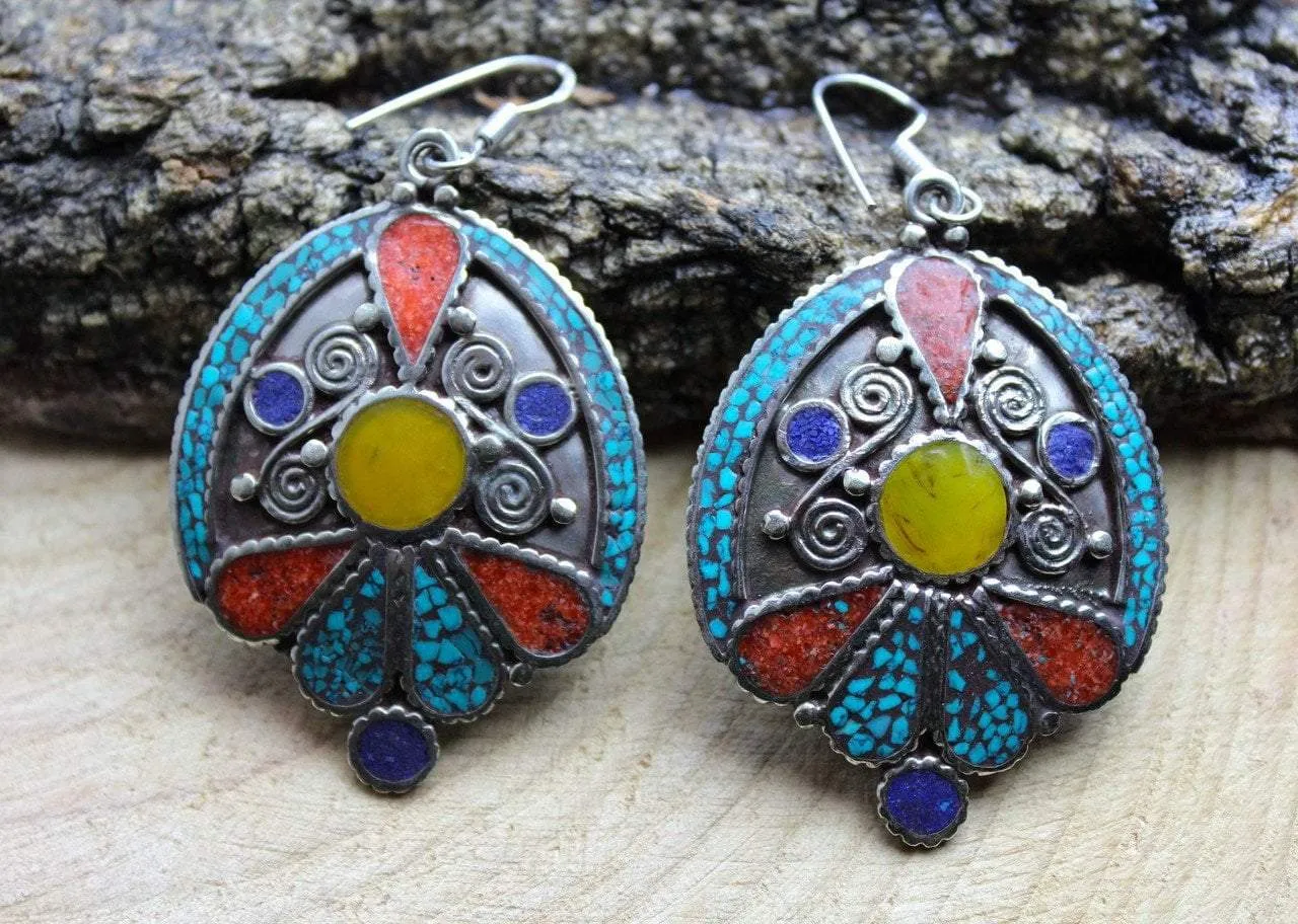 Traditional Multi-Stoned Tibetan Earrings
