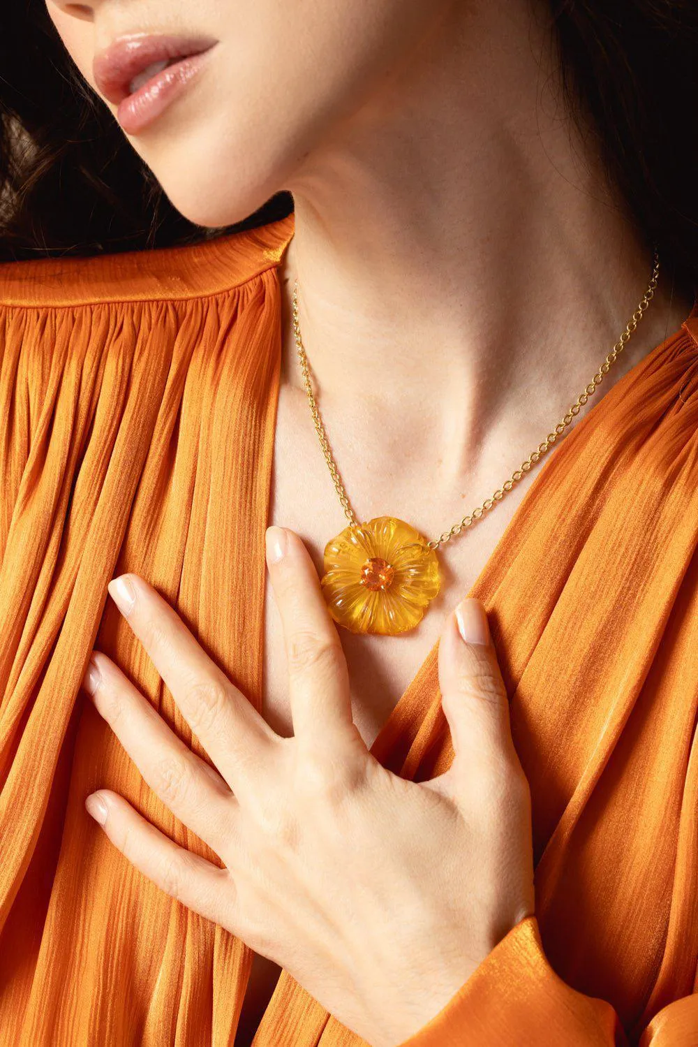 Tropical Carved Amber Opal Flower Necklace
