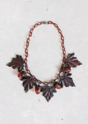 Vintage 1940s Fall Celluloid Acorns and Wood Leaves Necklace